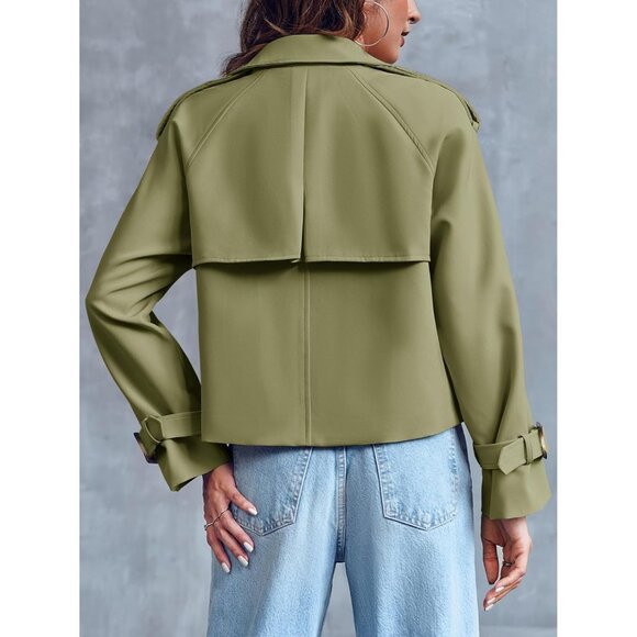 Women's Army Green Crop Double Breasted Trench Coat Raglan Sleeve Cropped Jacket - Picture 5 of 5